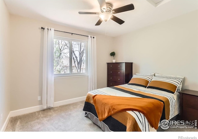bedroom featuring baseboards, carpet flooring, and ceiling fan