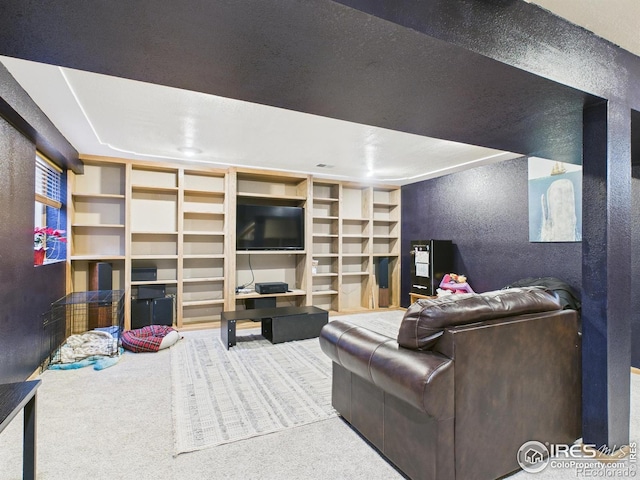 carpeted living area featuring a textured wall