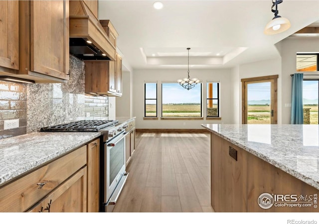 kitchen with a raised ceiling, light wood-type flooring, stainless steel stove, custom range hood, and decorative backsplash