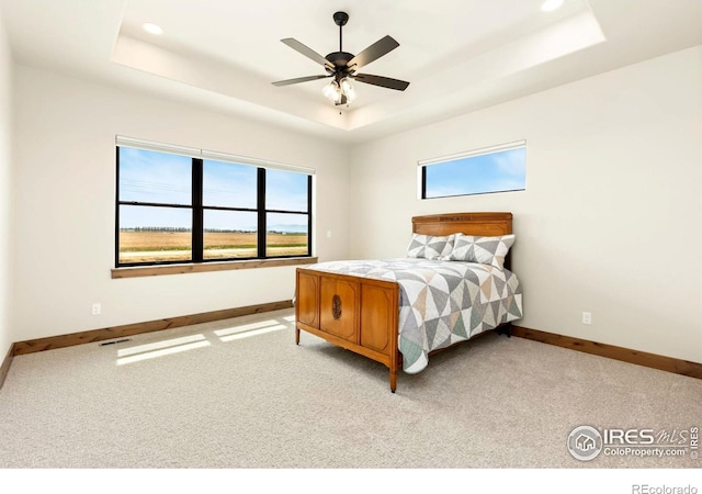 bedroom with a raised ceiling, baseboards, multiple windows, and visible vents