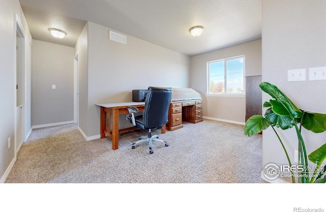 carpeted office space with baseboards and visible vents
