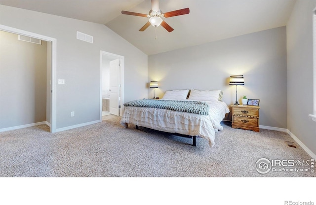 bedroom featuring vaulted ceiling, visible vents, carpet flooring, and baseboards