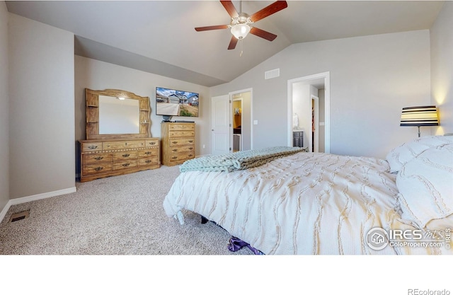 carpeted bedroom with lofted ceiling, visible vents, baseboards, and ceiling fan