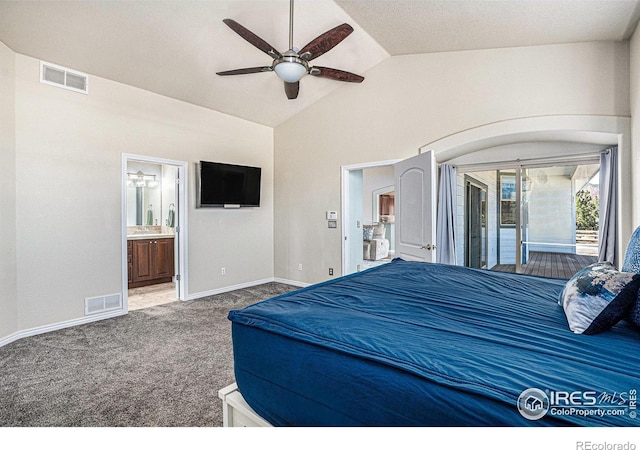carpeted bedroom featuring lofted ceiling, ensuite bath, visible vents, and access to outside