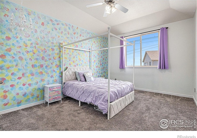 bedroom featuring baseboards, vaulted ceiling, carpet flooring, and ceiling fan