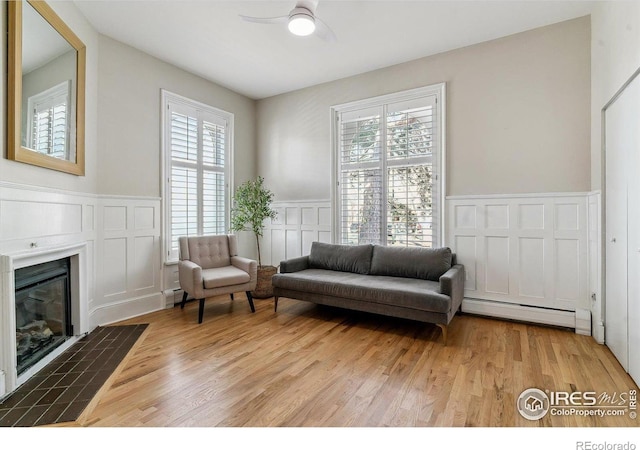 sitting room with baseboard heating, a wealth of natural light, a wainscoted wall, and a decorative wall