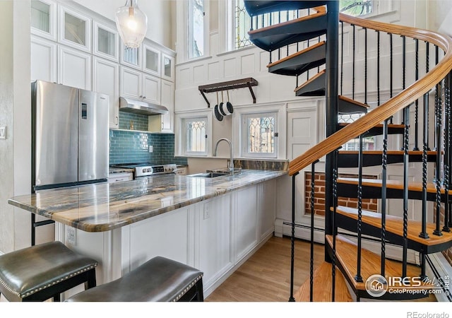kitchen featuring white cabinets, stainless steel appliances, a sink, decorative backsplash, and under cabinet range hood
