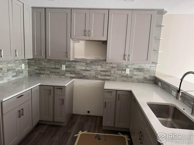 1687 Valency Dr, Loveland, CO 80537 - kitchen featuring a sink, gray cabinets, dark wood finished floors, and backsplash