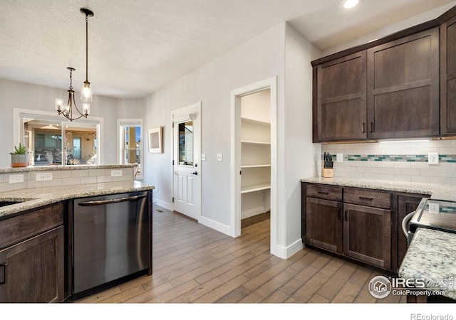 kitchen featuring stainless steel dishwasher, light wood-style flooring, range with electric cooktop, dark brown cabinets, and decorative backsplash