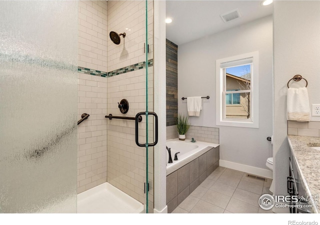 full bathroom featuring a bath, baseboards, visible vents, and a stall shower