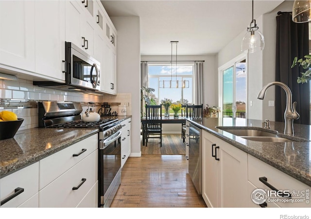 kitchen featuring stainless steel appliances, wood finished floors, a sink, and backsplash