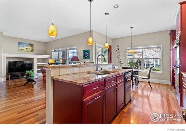 kitchen featuring light wood-type flooring, open floor plan, a sink, and reddish brown cabinets