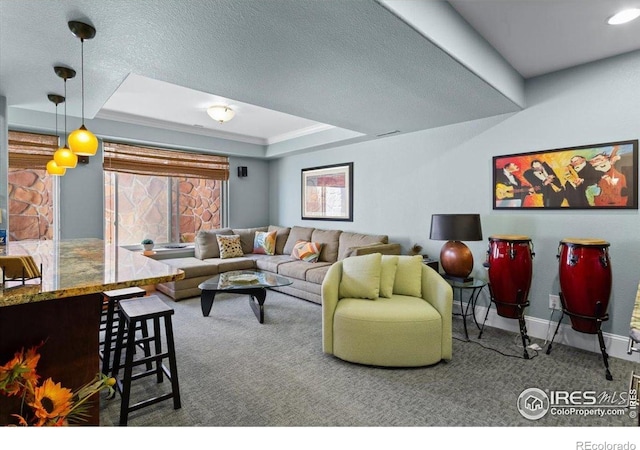 living area with baseboards, carpet, a textured ceiling, and a raised ceiling