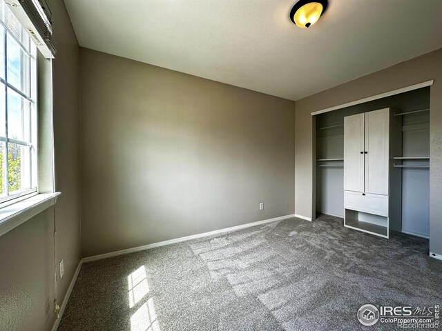 6502 Carmichael St, Fort Collins, CO 80528 - unfurnished bedroom with dark colored carpet, a closet, baseboards, and multiple windows