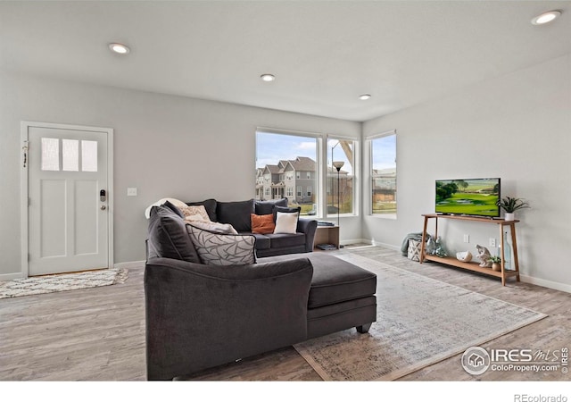2838 Sykes Dr, Fort Collins, CO 80524 - living area featuring baseboards, wood finished floors, and recessed lighting