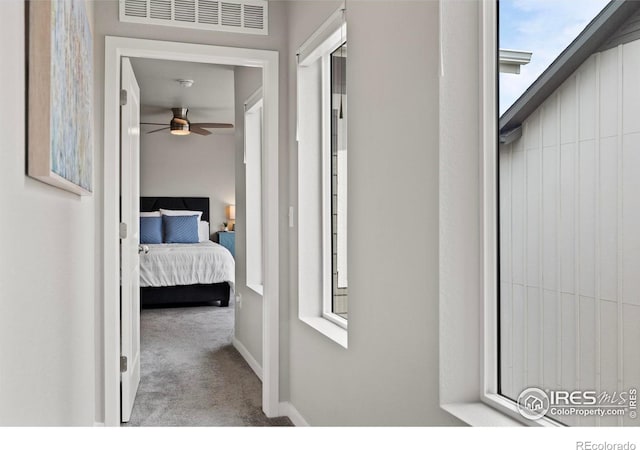 2838 Sykes Dr, Fort Collins, CO 80524 - hallway with baseboards, visible vents, carpet flooring, and plenty of natural light