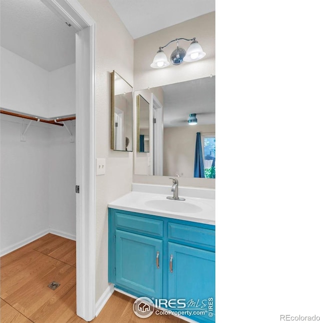 6221 Willow Ln, Boulder, CO 80301 - bathroom featuring wood finished floors, vanity, baseboards, and a spacious closet