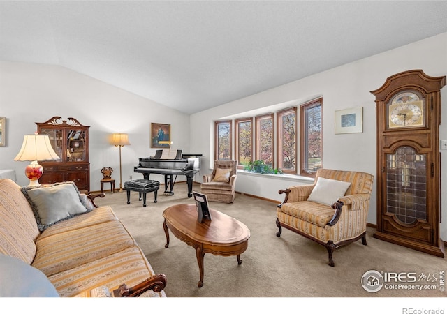 2417 15th Ave, Longmont, CO 80503 - carpeted living area with vaulted ceiling and baseboards
