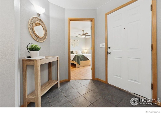1114 Berwick Ct, Fort Collins, CO 80524 - entrance foyer with dark tile patterned floors, baseboards, and ceiling fan