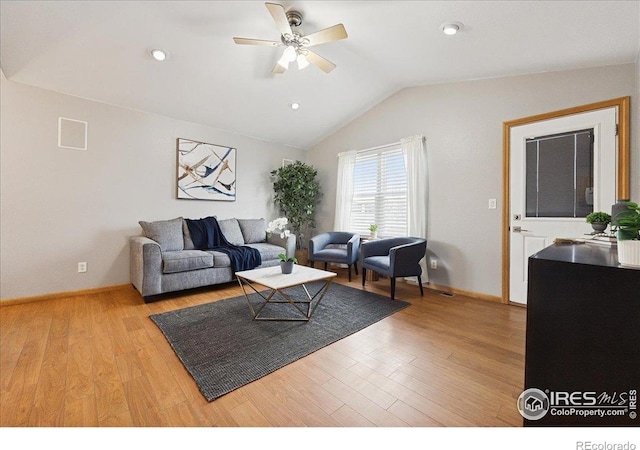 1114 Berwick Ct, Fort Collins, CO 80524 - living area with a ceiling fan, lofted ceiling, light wood-type flooring, baseboards, and recessed lighting