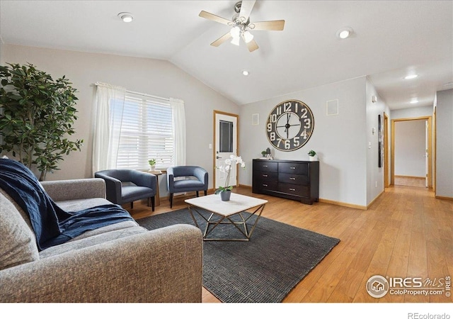 1114 Berwick Ct, Fort Collins, CO 80524 - living room with light wood-style flooring, vaulted ceiling, a ceiling fan, baseboards, and recessed lighting