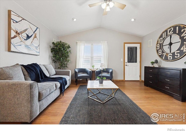 1114 Berwick Ct, Fort Collins, CO 80524 - living room featuring ceiling fan, light wood finished floors, vaulted ceiling, and recessed lighting