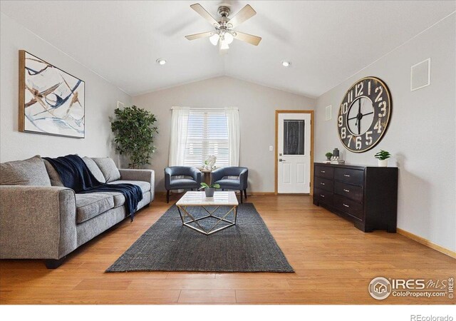 1114 Berwick Ct, Fort Collins, CO 80524 - living room with ceiling fan, light wood-style floors, lofted ceiling, baseboards, and recessed lighting