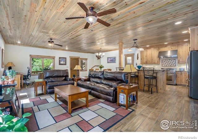 223 Kings Canyon Rd, Bellvue, CO 80512 - living room featuring a ceiling fan, wood ceiling, light wood-style flooring, recessed lighting, and a chandelier
