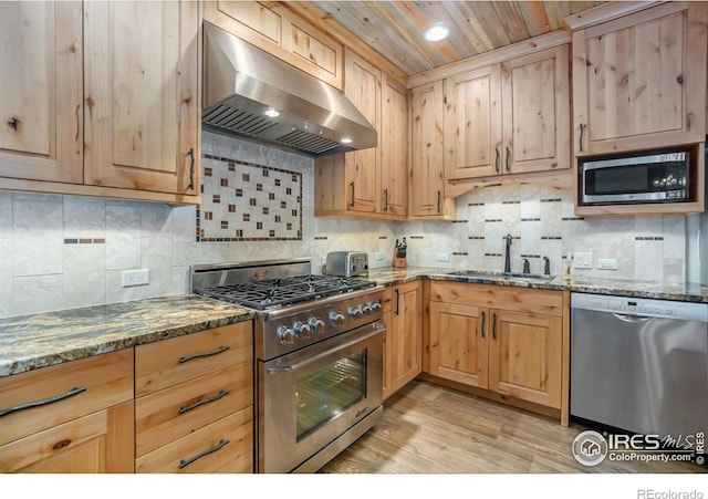 223 Kings Canyon Rd, Bellvue, CO 80512 - kitchen featuring extractor fan, appliances with stainless steel finishes, a sink, and light brown cabinetry