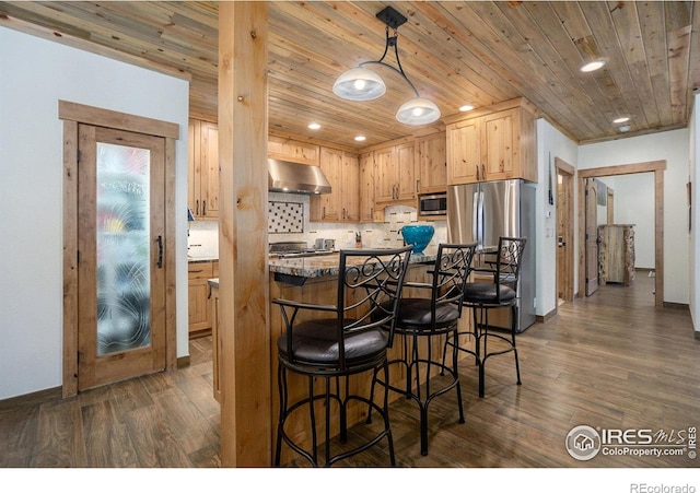 223 Kings Canyon Rd, Bellvue, CO 80512 - kitchen with under cabinet range hood, appliances with stainless steel finishes, dark wood finished floors, wood ceiling, and tasteful backsplash