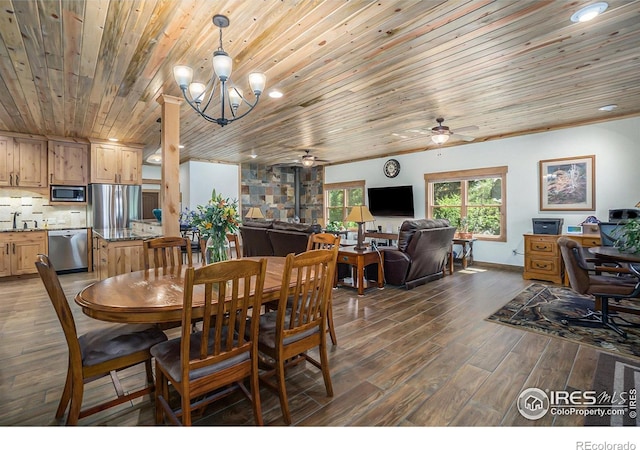 223 Kings Canyon Rd, Bellvue, CO 80512 - dining space with wood ceiling, ceiling fan, wood finished floors, and a chandelier