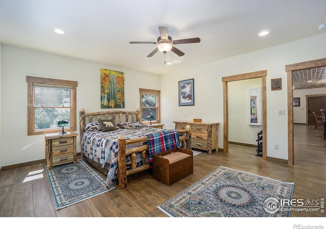 223 Kings Canyon Rd, Bellvue, CO 80512 - bedroom with wood finished floors, baseboards, recessed lighting, and a ceiling fan