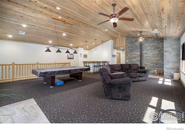 223 Kings Canyon Rd, Bellvue, CO 80512 - rec room featuring ceiling fan, carpet flooring, vaulted ceiling, a bar, and wood ceiling