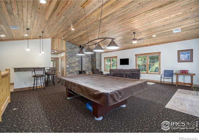 223 Kings Canyon Rd, Bellvue, CO 80512 - game room featuring wooden ceiling, pool table, carpet, recessed lighting, and lofted ceiling