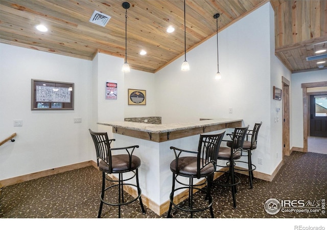 223 Kings Canyon Rd, Bellvue, CO 80512 - indoor bar featuring wooden ceiling, dark colored carpet, baseboards, vaulted ceiling, and recessed lighting