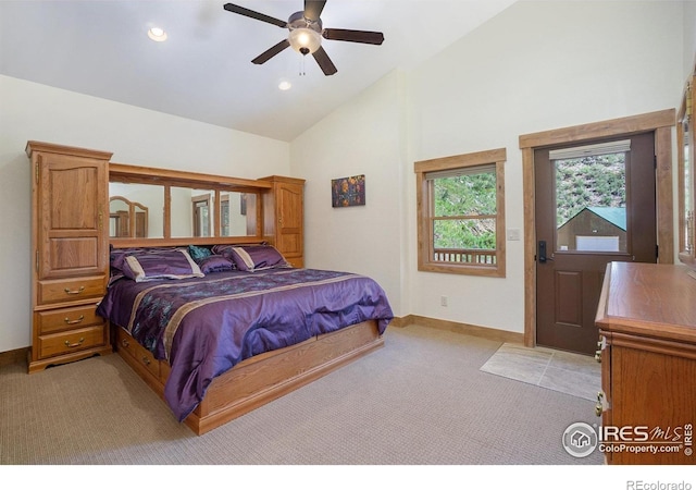 223 Kings Canyon Rd, Bellvue, CO 80512 - bedroom with light colored carpet, baseboards, high vaulted ceiling, recessed lighting, and ceiling fan