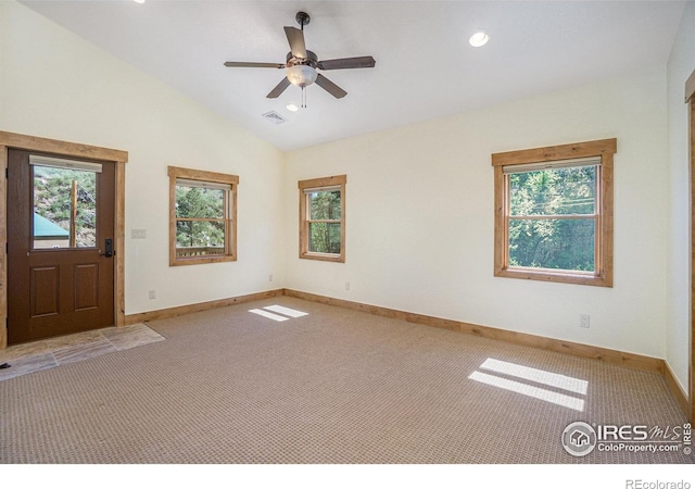 223 Kings Canyon Rd, Bellvue, CO 80512 - carpeted empty room featuring plenty of natural light, baseboards, lofted ceiling, ceiling fan, and recessed lighting