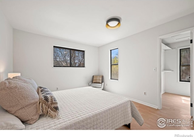 bedroom featuring a walk in closet, baseboards, and light wood-type flooring