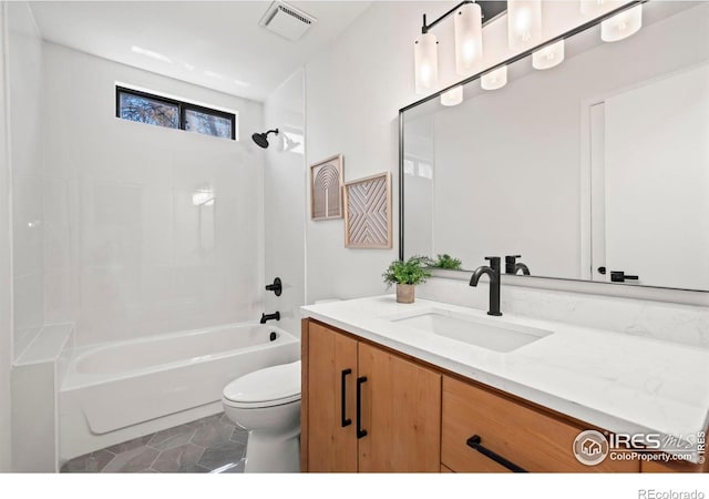 full bath featuring tile patterned floors, visible vents, toilet, vanity, and shower / tub combination