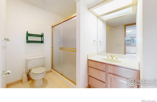 1162 Fairway Club Ln Unit 1, Estes Park, CO 80517 - bathroom with toilet, baseboards, vanity, and a stall shower
