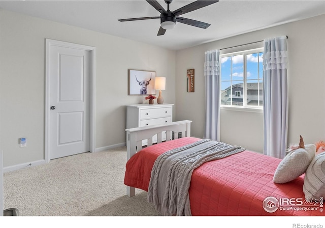 bedroom featuring baseboards, carpet flooring, and ceiling fan