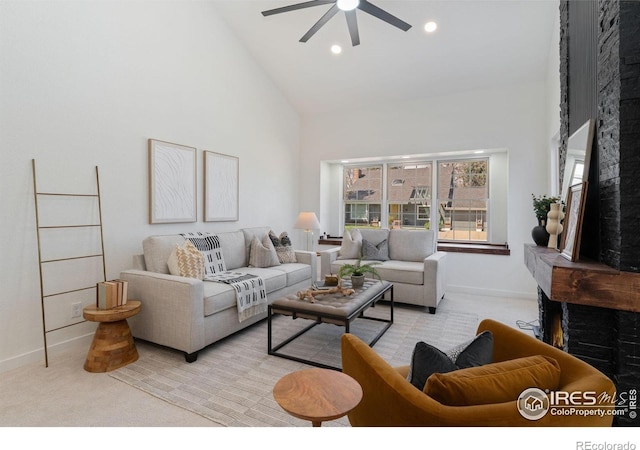 7102 S Harrison Ct, Centennial, CO 80122 - living room featuring a ceiling fan, light carpet, high vaulted ceiling, baseboards, and recessed lighting