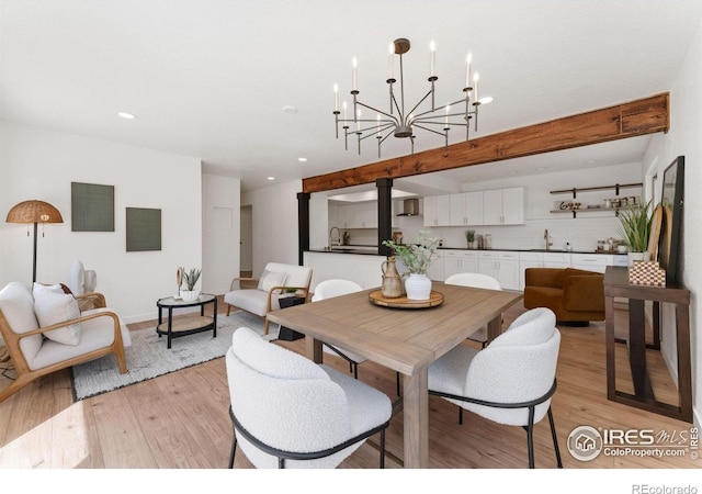 7102 S Harrison Ct, Centennial, CO 80122 - dining space with light wood-style floors, recessed lighting, a chandelier, and beam ceiling