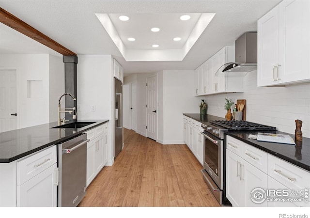 7102 S Harrison Ct, Centennial, CO 80122 - kitchen featuring a sink, premium appliances, wall chimney exhaust hood, recessed lighting, and light wood finished floors