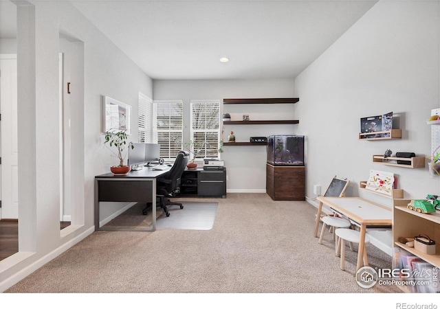 carpeted office featuring baseboards and recessed lighting