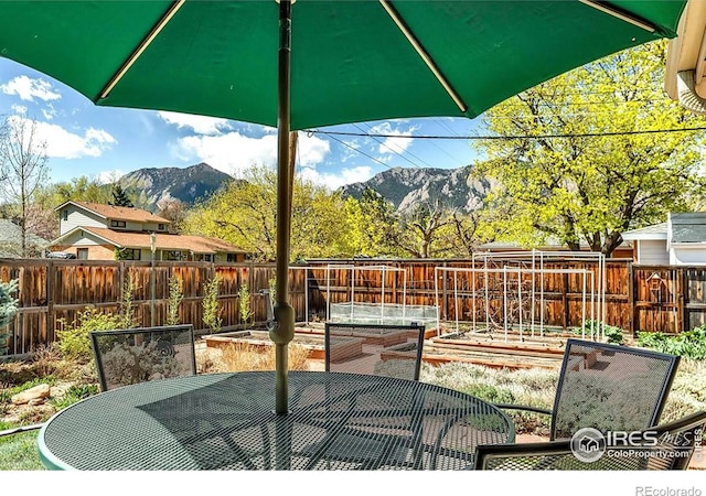 195 S 35th St, Boulder, CO 80305 - wooden terrace featuring a fenced backyard, a mountain view, and a garden
