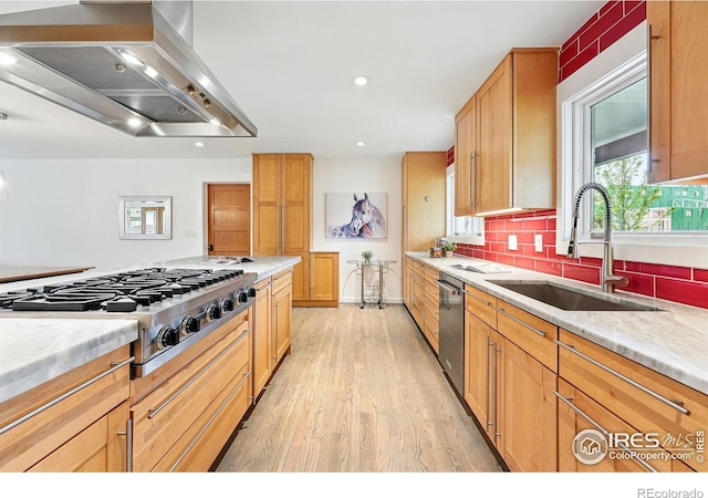 kitchen with wall chimney range hood, light wood-type flooring, tasteful backsplash, a sink, and stainless steel appliances