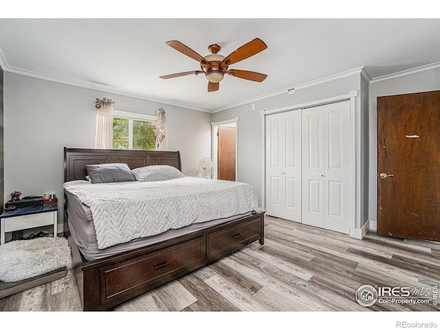 bedroom with a ceiling fan, baseboards, a closet, light wood finished floors, and ornamental molding