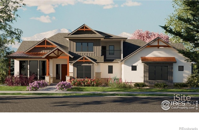 2805 Potomac Ct, Berthoud, CO 80513 - view of front of house with a balcony, board and batten siding, and stucco siding