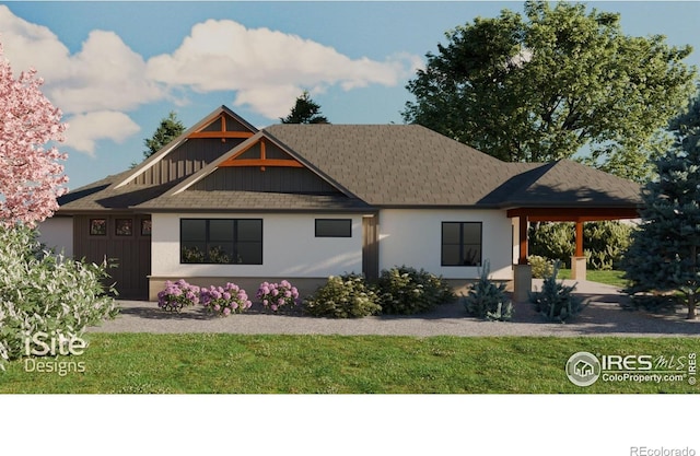 2805 Potomac Ct, Berthoud, CO 80513 - view of front facade with board and batten siding, a shingled roof, stucco siding, and a front lawn